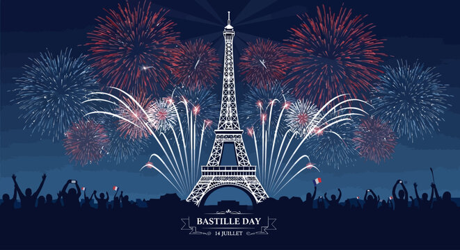 Bastille Day Illustration with Eiffel Tower and Fireworks in Paris
