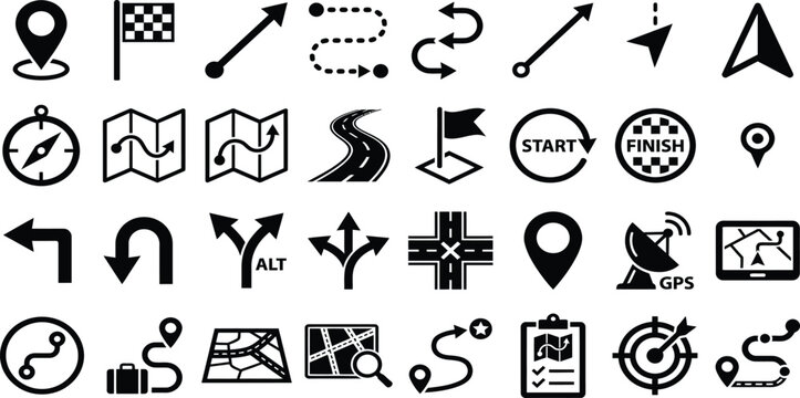 Navigation and map location icons vector illustration set with location