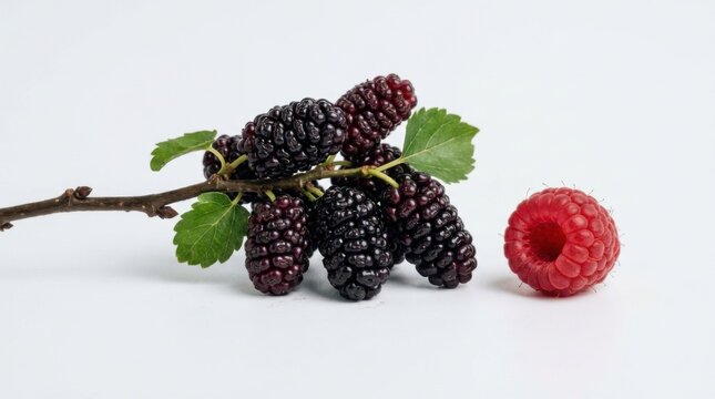 Fresh blackberries on branch with single raspberry isolated on white