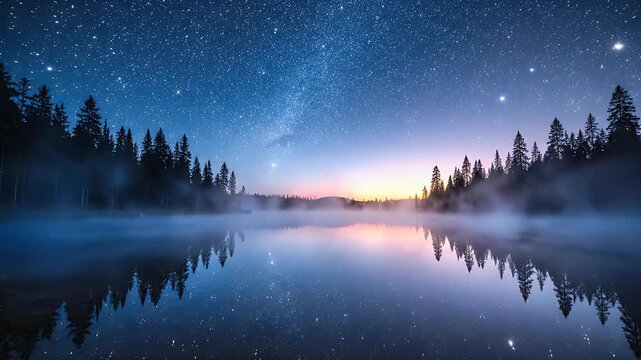 Misty lake under a starry night sky with mirrored trees and faint sunrise glow