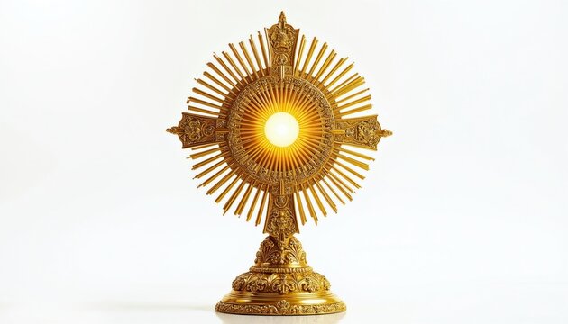 Ornate golden monstrance with divine light, isolated on white. Sacred Catholic object for Eucharist adoration, church ceremonies, and religious devotion.