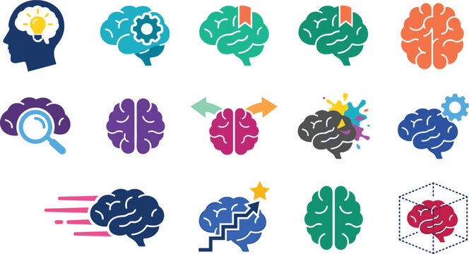 Brain Function and Cognitive Performance Icon Set with Memory, Intelligence, Neuroplasticity, Mental Growth, and Neuroscience Concepts