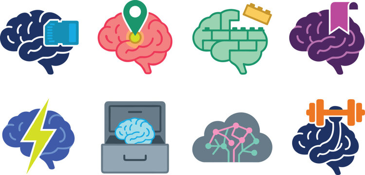 Brain Health and Cognitive Enhancement Icon Set with Memory Training, Neuroplasticity, Mental Performance, and Neuroscience Concepts