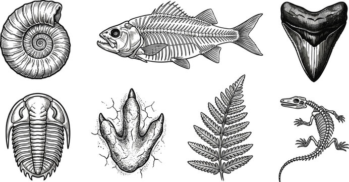 Prehistoric fossil collection with ancient remains and imprints, engraved vector illustration set bundle