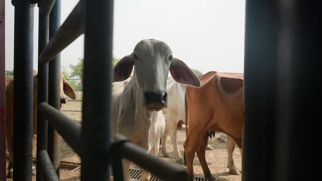 Curious Brahman cattle standing in livestock pen looking toward camera on tropical ranch