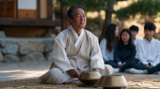 Korean village elder using brass instruments to demonstrate traditional yut nori board game rules to a group of diaspora youth visiting for a heritage immersion program, wooden