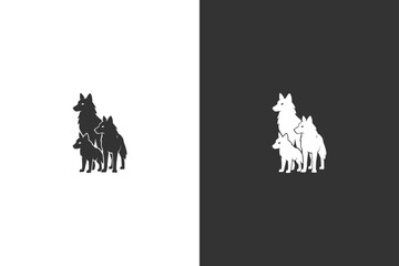 A striking silhouette of a dog howling, set against contrasting black and white backgrounds, emphasizing dramatic visual impact © DzgnVibe