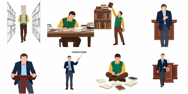 Flat vector illustration set of a professional man in academic, educational, and legal scenarios like studying, lecturing, and presenting data