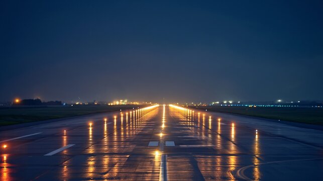 Beautiful reflection of airplane lights shimmering on a rain soaked runway at night with falling rain