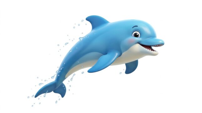 Cute cartoon dolphin jumping out of water splash 3d render