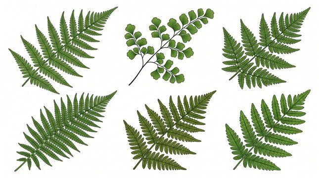 Set of six detailed green fern fronds including maidenhair and sword ferns, with varied leaf shapes and textures, botanical vector illustration on white.