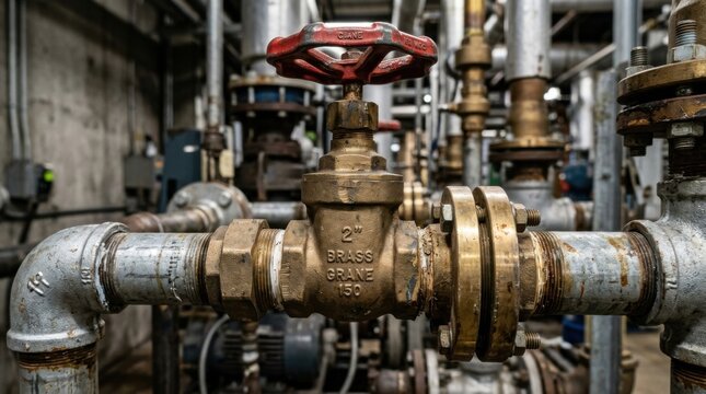 Old rusty industrial water valve and pipe system in factory