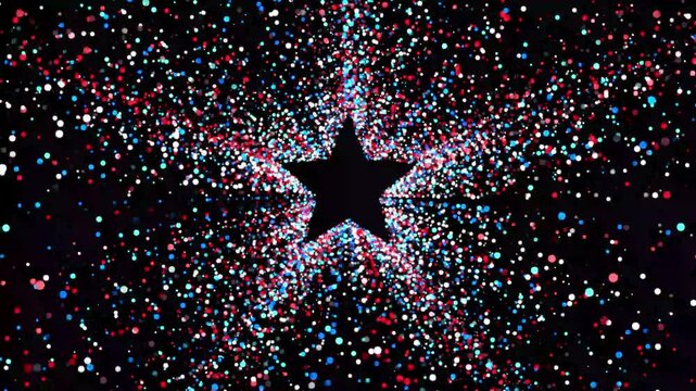 Star shaped tunnel of colorful particles for luxury intros, award reveals, festive videos, dramatic transitions, glowing particles on black background, star space tunnel with glowing particles,4k