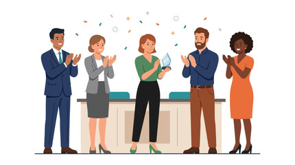 Business Award Ceremony: Diverse Team Clapping for Colleague Receiving Trophy