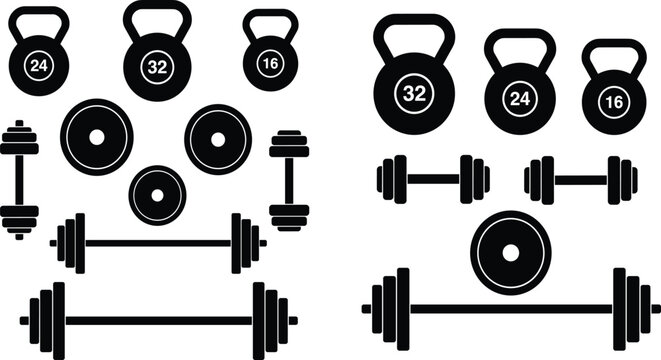 Kettlebell and barbell icon set with gym weight plate silhouettes, black vector illustration collection for fitness and workout design