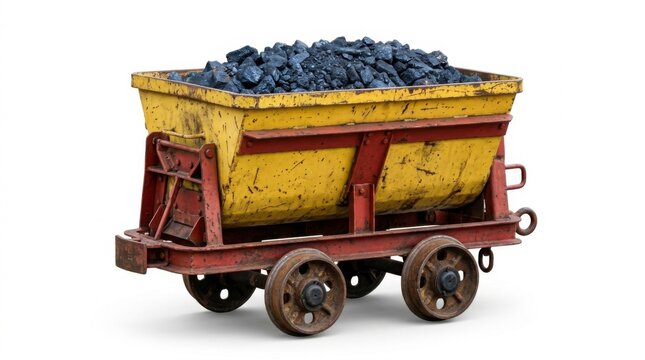 Yellow industrial mine cart filled with black coal isolated