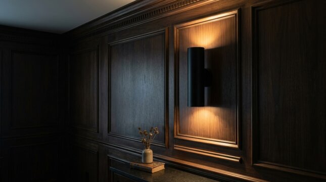 Dark moody interior room wall with modern sconce light