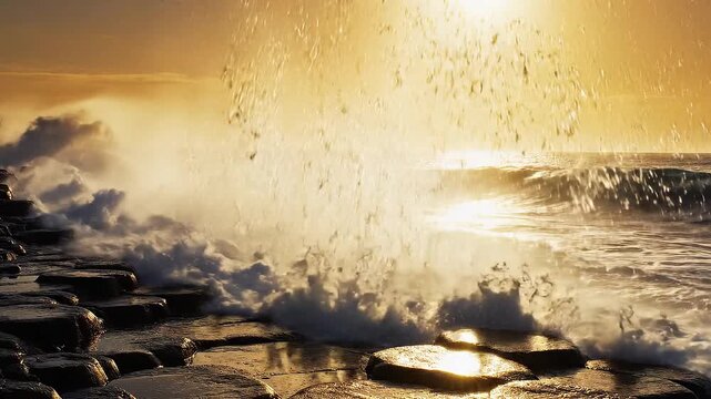 Dramatic ocean tide receding over hexagonal basalt columns at golden hour. Low angle sunlight creates long shadows on volcanic rock formations. Coastal landscape with warm amber lighting.