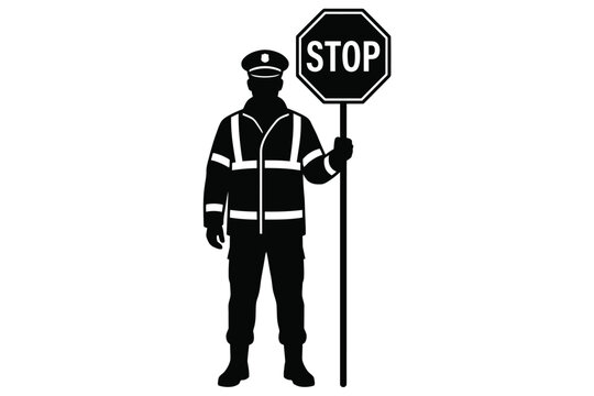 Security Officer Silhouette in Reflective Jacket Holding a Stop Sign