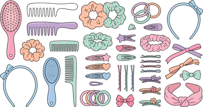 Cute hair accessories vector set, comb brush scrunchie headband bobby pin bow doodle illustration design