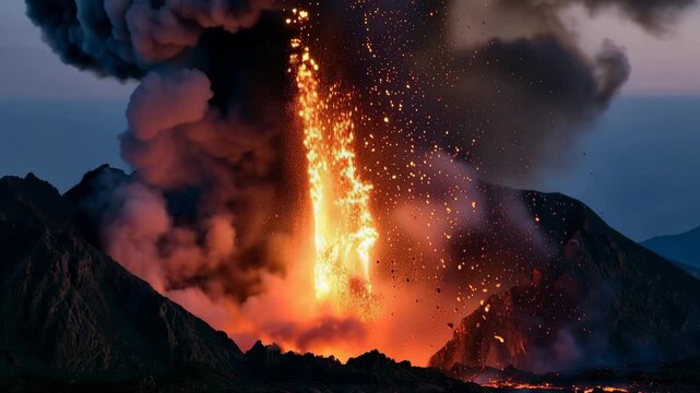 Powerful volcanic eruption blasting glowing lava ash and smoke into dramatic night sky