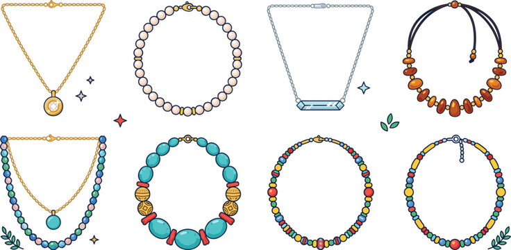 Cute necklace jewelry vector collection set, fashion gold chain pearl bead crystal accessory designCute necklace jewelry vector collection set, fashion gold chain pearl bead crystal accessory design