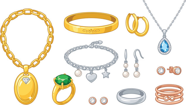 Golden jewelry collection items vector set, gold ring necklace earrings bracelet crystal diamond accessory design