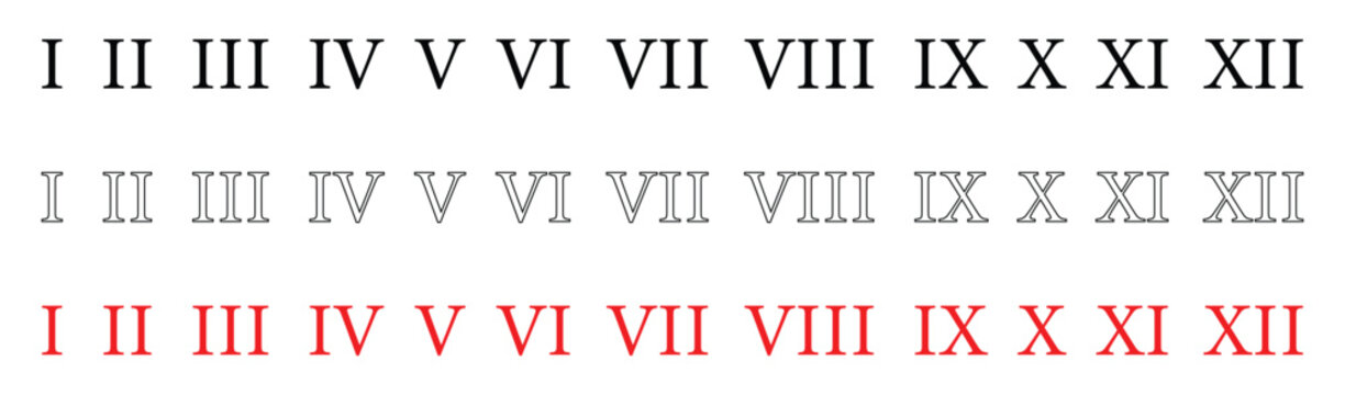 Roman Numerals Set I to XII Vector Collection, Classic Clock Numbers, Ancient Latin Numeric Symbols, Editable Typography Design Elements Vector