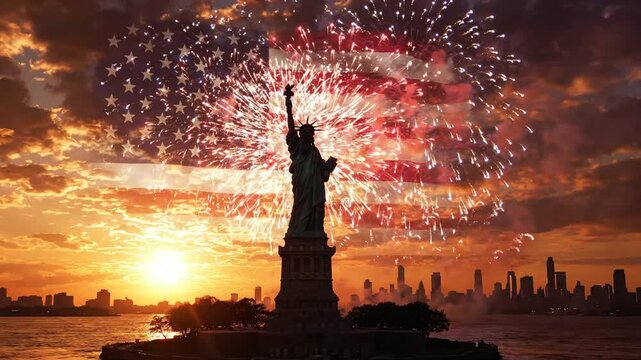 Statue Of Liberty Landmark With Waving American Flag