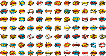 Comic book speech bubbles sound effects pop art vector set, explosion onomatopoeia cloud text designComic book speech bubbles sound effects pop art vector set, explosion onomatopoeia cloud text design © Sagor