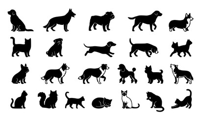 Domestic Pets Silhouette Vector Icon Set Featuring Various Popular Dog Breeds and Cats in Diverse Poses Isolated on White Background © Hosneara