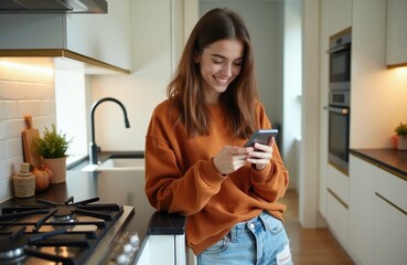 Naklejka premium Smiling girl stands in modern kitchen typing message on phone. Young woman uses smartphone for communication or social media, browsing online. Casual home lifestyle.