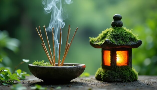 Burning incense sticks release smoke near a moss covered stone lantern. Light glows from lantern windows. Green nature background creates serene, calm atmosphere. Zen garden scene.