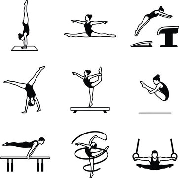 Gymnast performing various exercise poses on apparatus