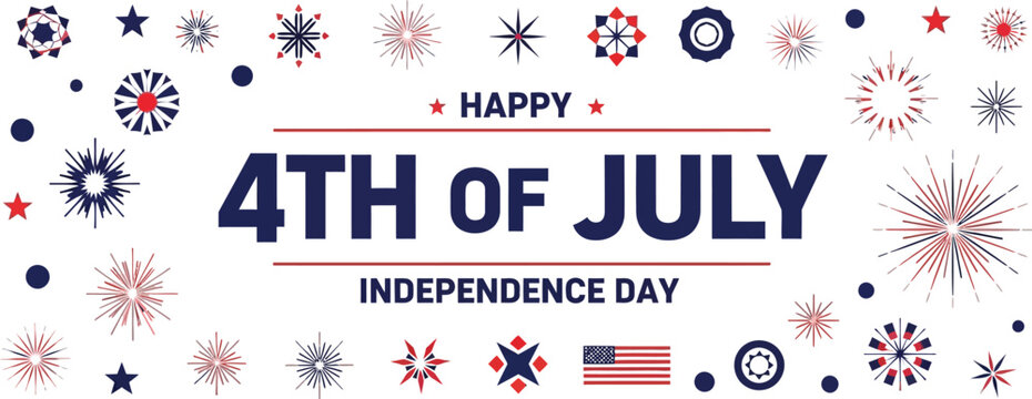 Independence Day greeting card features stylized fireworks and a small American flag icon with ample white space for custom text.