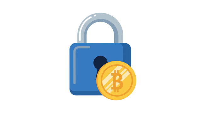 Bitcoin Security Icon with Blue Padlock and Gold Crypto Coin - Cryptocurrency Wallet Protection Concept