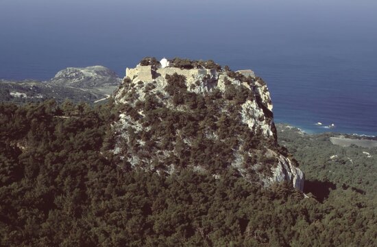 view onto Fortress Monolithos on a mountain in Rhodes, Greece