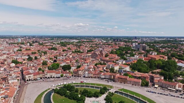 Aerial drone view of Padua (Padova), Italy, showcasing the historic city center, iconic architecture, scenic rooftops, and vibrant urban landscape in the Veneto region.