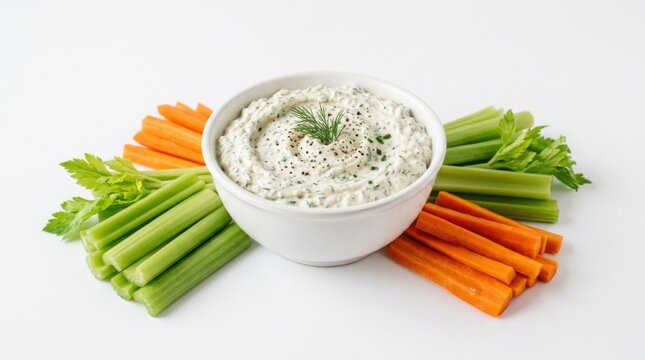 Bowl of dip with fresh carrot and celery sticks isolated