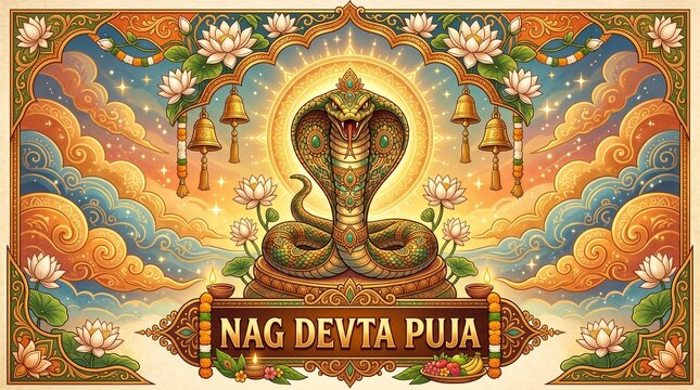 Nag devta puja banner with cobra snake, lotus flowers, hanging bells, and oil lamps for hindu festival nag panchami