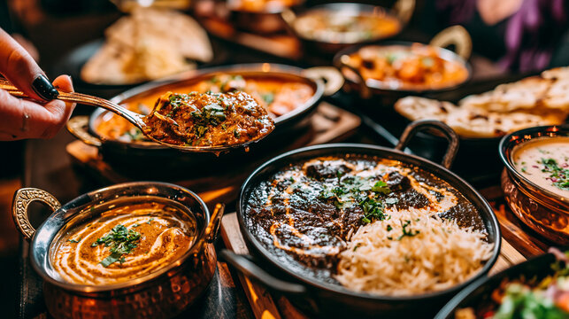 Person eating indian curry meal with rice and naan bread restaurant delicious
