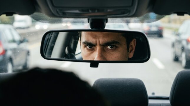 Close up portrait of driver looking in car rearview mirror