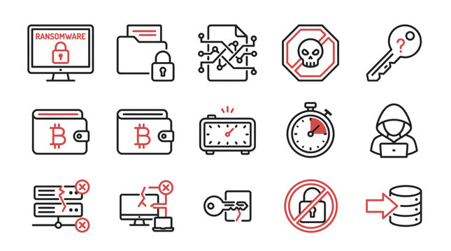 Cybersecurity and Ransomware Icons: Data Protection, Hacking, Bitcoin, Encryption