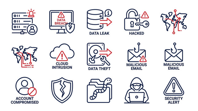 Cybersecurity Icons: Data Breach, Hacking, Malware, Cloud Intrusion, Phishing