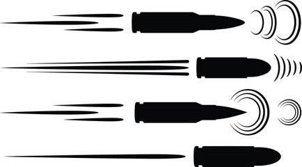 Bullet speed motion icon set with target impact rings, black silhouette vector illustration of ammunition trajectory and shooting range concept © MDPappu