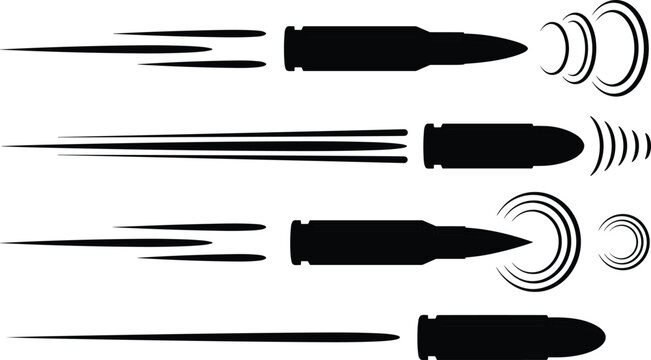 Bullet speed motion icon set with target impact rings, black silhouette vector illustration of ammunition trajectory and shooting range concept
