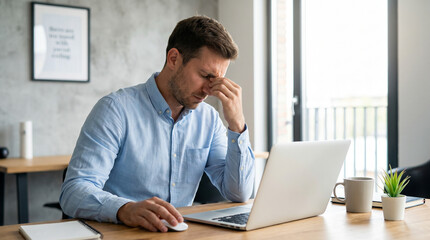 Naklejka premium Stressed Businessman Working on Laptop in Office with Burnout, Fatigue and Work Pressure. Headache, fatigue, mental health 