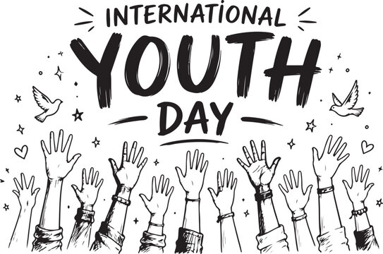 International Youth Day hand drawn illustration with many hands raised in the air