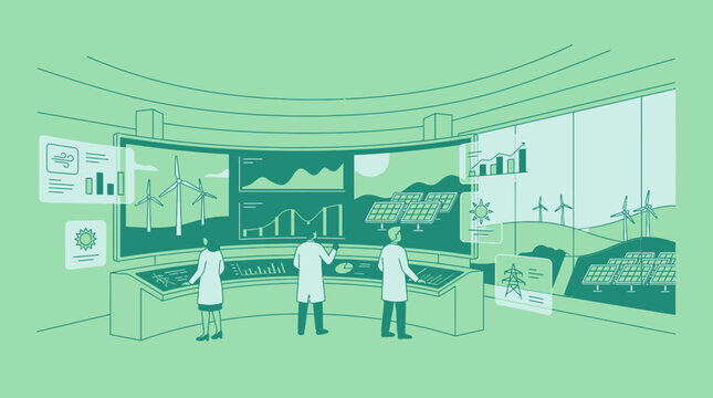 Scientists in lab coats observe renewable energy data on screens in a futuristic control room with a mountain backdrop