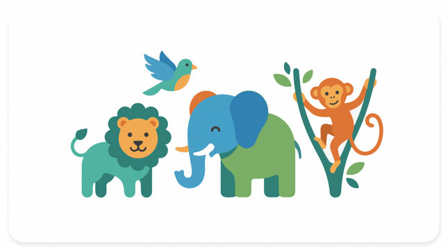 Colorful illustration of a lion, elephant, monkey, and bird